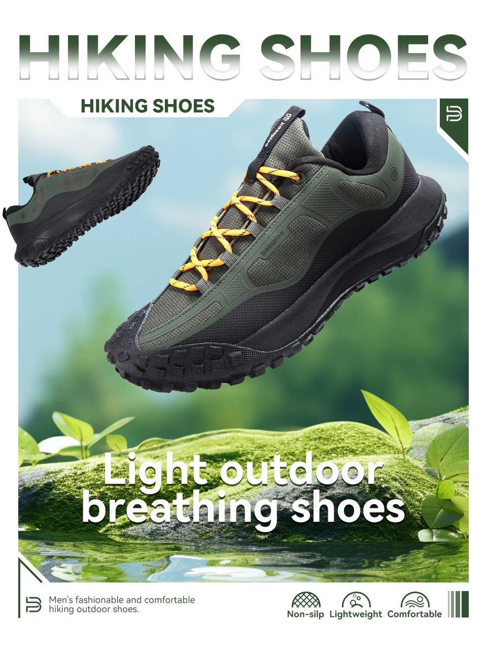 Baasploa Hiking Shoes Men Outdoor Waterproof Camping Resistant Non-Slip Sneakers Casual Lightweight Lace-Up Walking Shoes for Men