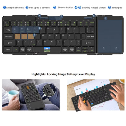 Folding Travel Keyboard with Touchpad &Display,Foldable Bluetooth Keyboard for Windows iOS Android,Multi Device Keyboard