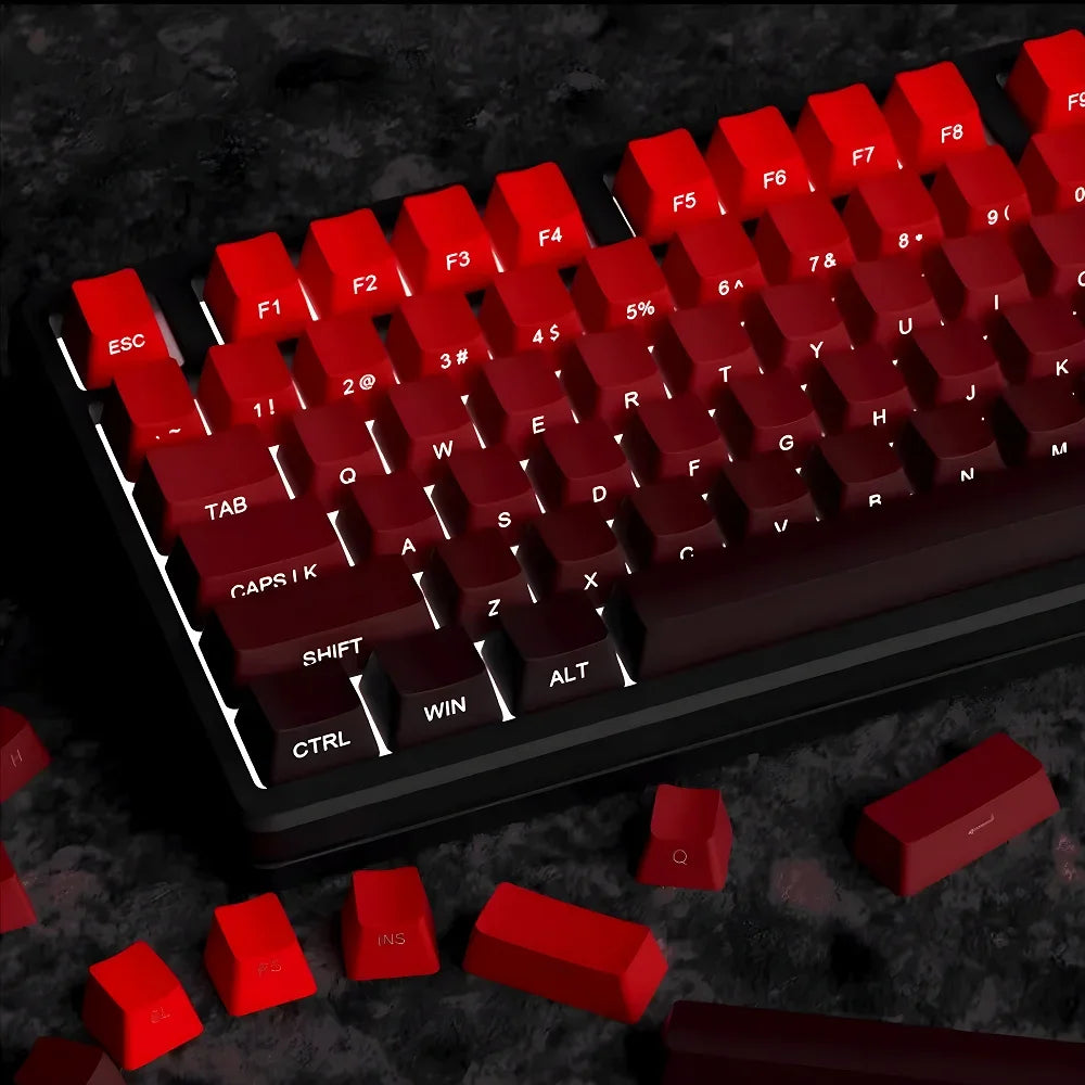 Nuovi keycap per tastiera meccanica da gaming 60/64/84/98/108 con switch MX, 135 tasti, profilo OEM, PBT, incisione laterale, sfumatura rosso e nero