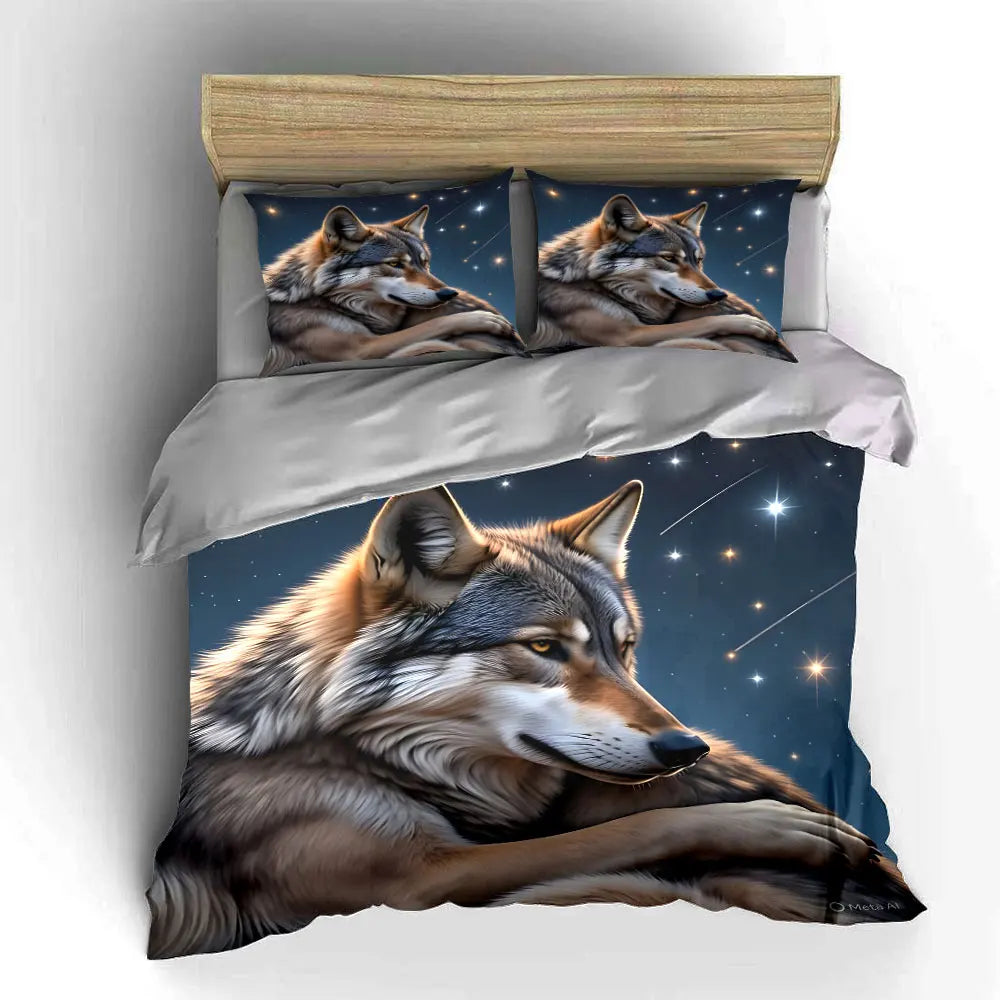 Set di biancheria da letto stampato con lupo su sfondo stellato, 1 copripiumino e 2 federe, per adulti e bambini, regalo di lusso, Full Size