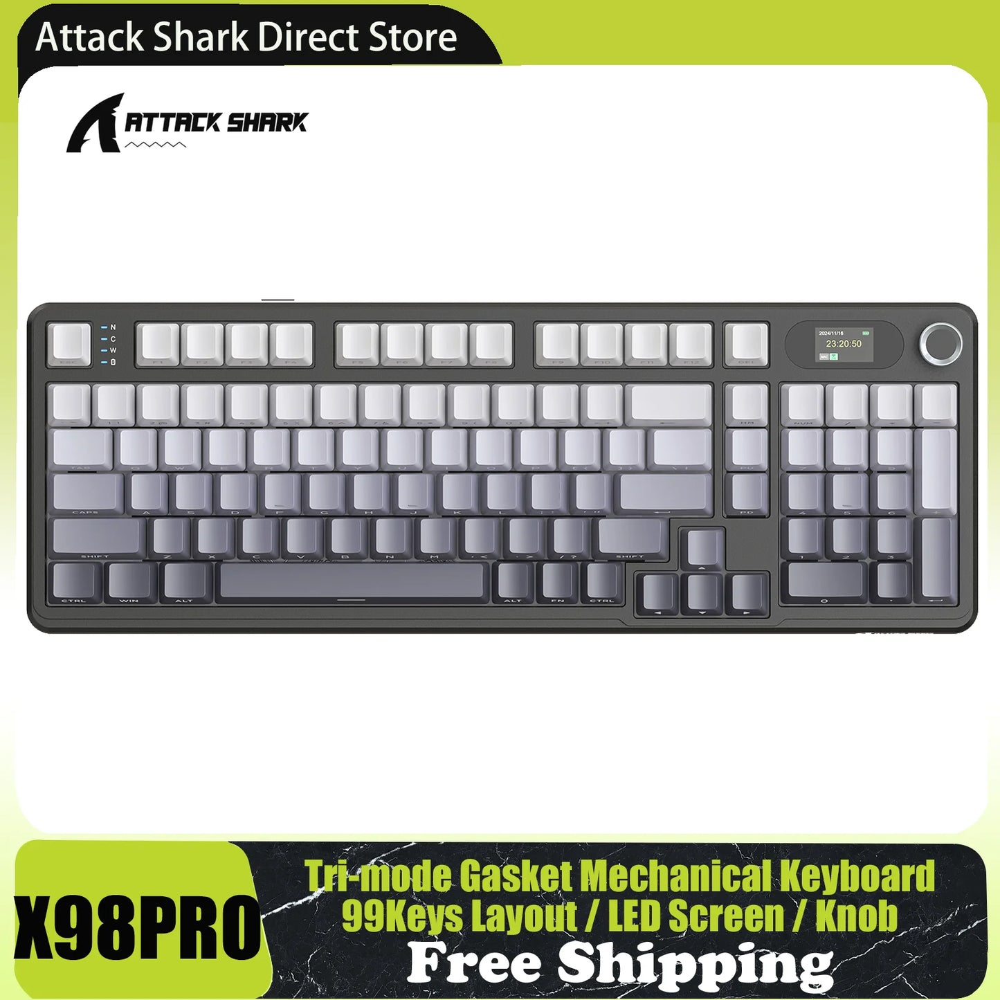 ATTACK SHARK X98PRO Tri-mode Gasket Mechanical Keyboard with TFT Screen & Knob, 99Keys Layout, 5-Layer Foams, Hot-Swap, RGB