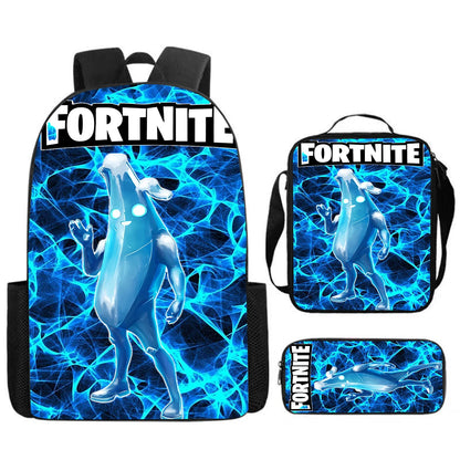 Fortnite Cartoon 3-teiliges Set, großes Fassungsvermögen, geeignet für Jungen und Mädchen von 5-8 Jahren, inklusive Rucksack, Lunchbag und Federmäppchen