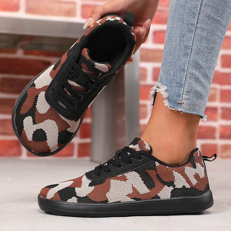 Camouflage-Damenschuhe mit breiter Zehenbox, atmungsaktivem Mesh und bequemer flacher Sohle – neue Barfußschuhe mit weicher Sohle, Damen-Sneaker
