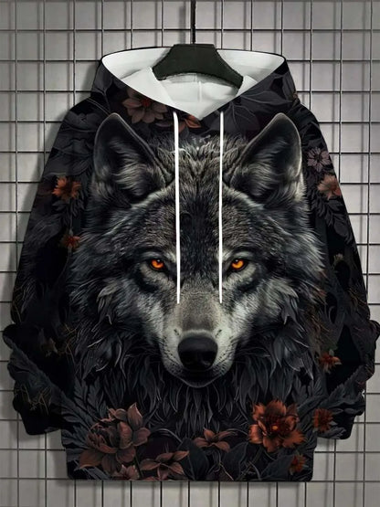 2025 Herren-Herbstmode: bequemes, weiches Kapuzen-Sportshirt mit Wolf-Print für Outdoor, City und Streetwear