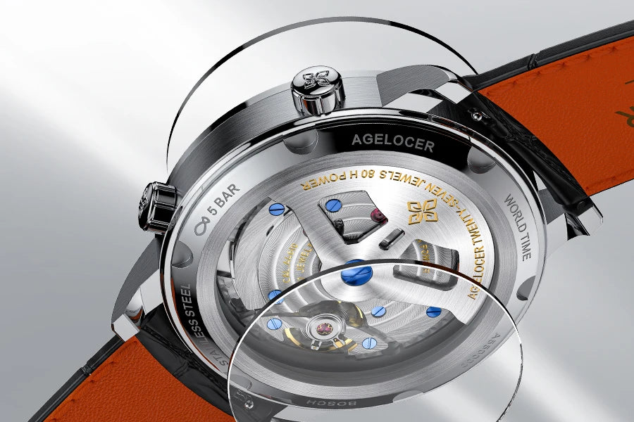 AGELOCER Original World Time Watch Men's Luxury Business Formal Automatic Mechanical Watch Birthday Gift for Men