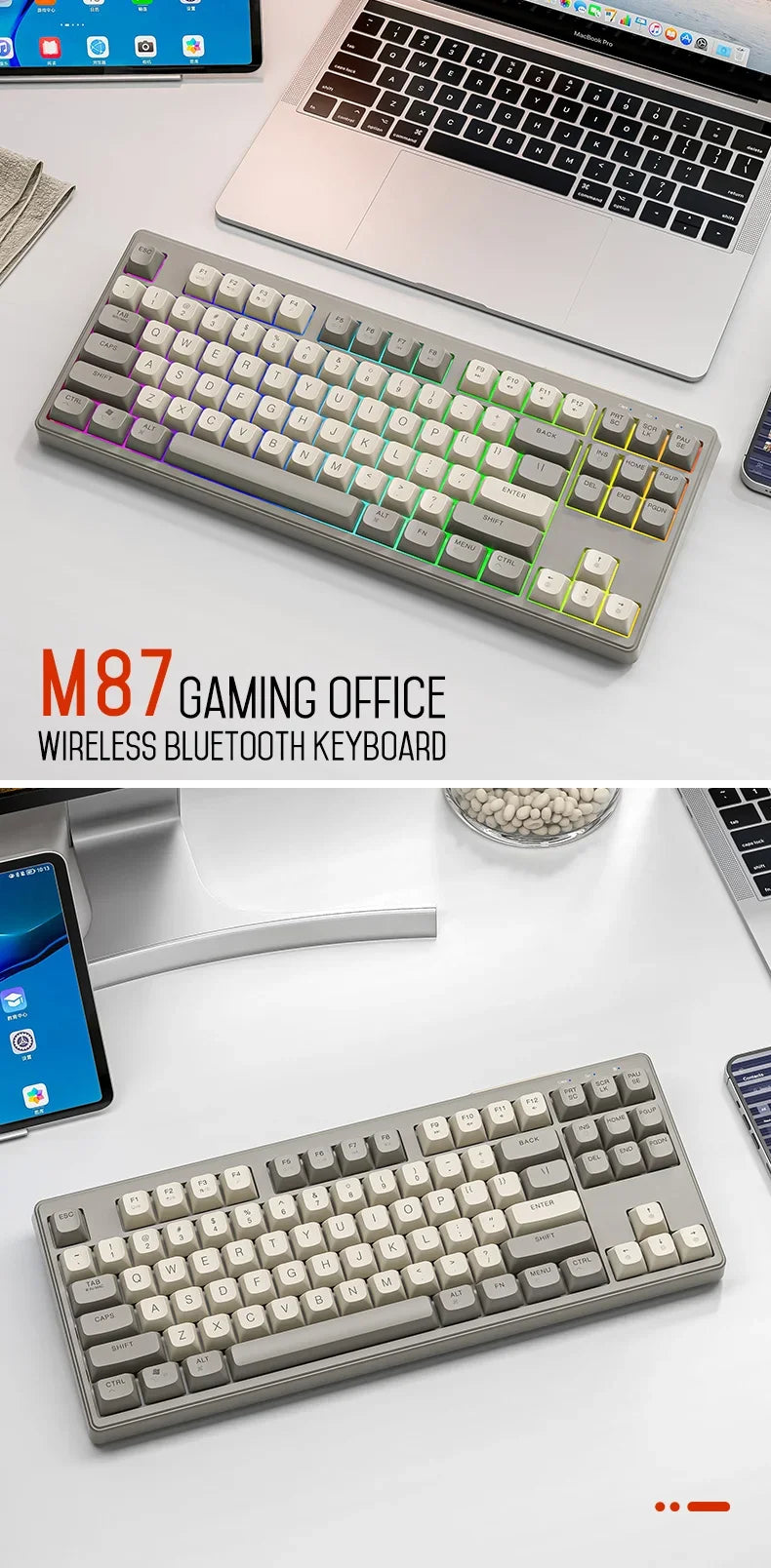 Tastiera M87 wireless Bluetooth dual mode, sensazione meccanica, gaming e ufficio silenziosa, copritasti sferici in PBT, illuminazione arcobaleno