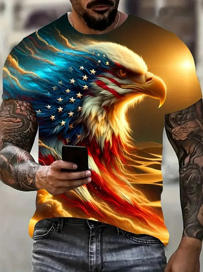 Patriotisches Herren-T-Shirt mit 3D-Adlerprint, lässiger Rundhalsausschnitt, kurzärmeliger Pullover für Sommermode und Outdoor-Aktivitäten, Herrenbekleidung