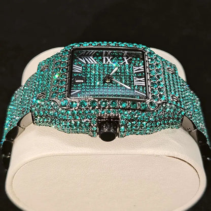 Green Diamond Watch For Men Brand UNIGUET Fashion Roman Literal Quartz Clock Man Hip Hop Iced Jewelry Square Wristwatch 2025 New