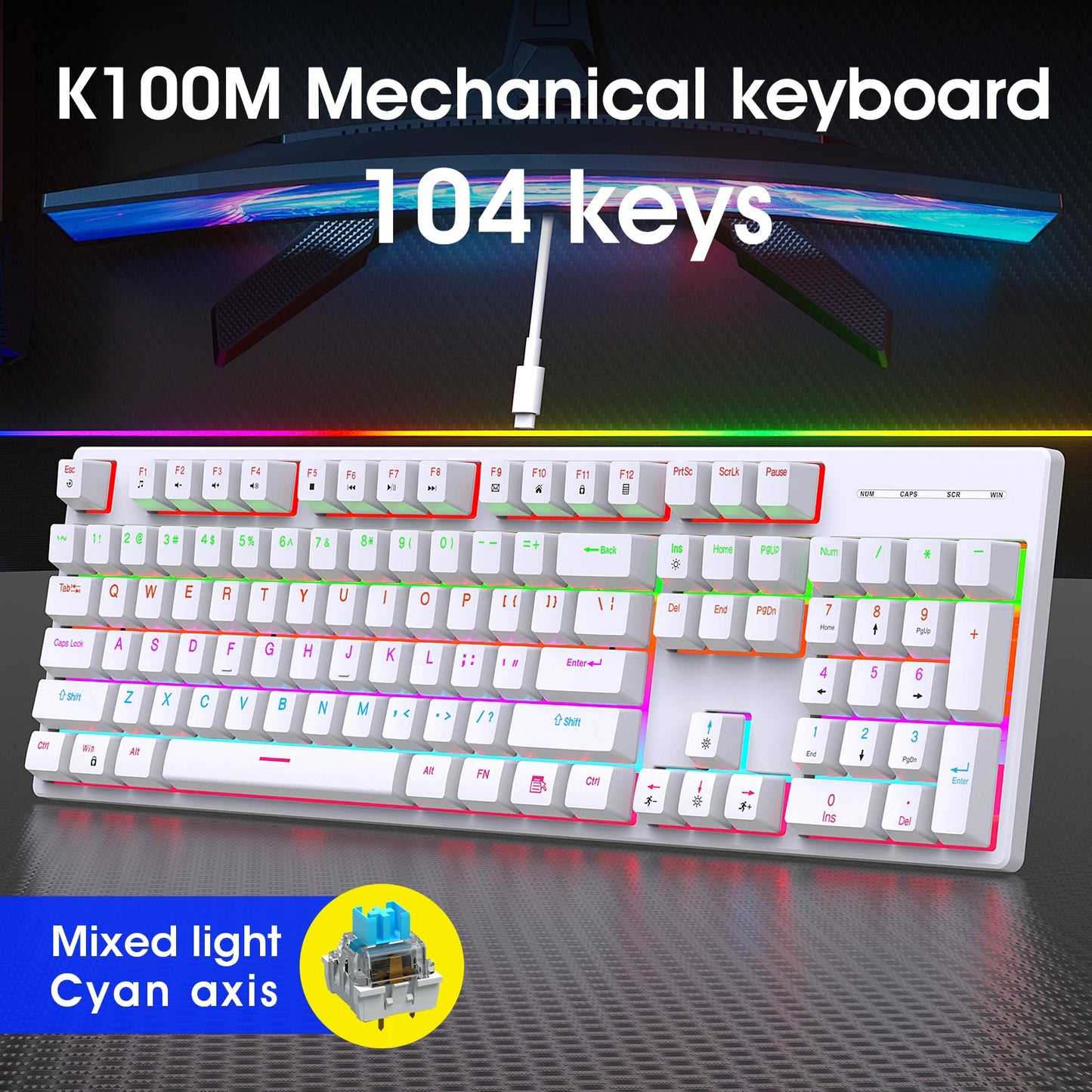 Wired Gaming Keyboard Cool Light Backlit Waterproof Gaming Keyboard Full Size 104 Key Mechanical Feel Keyboard for PC Gamer