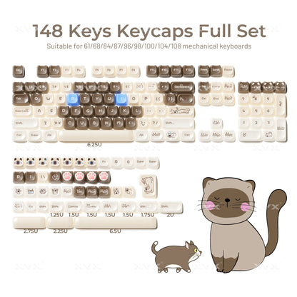 Keycaps XVX 148 Teclas Tema Gato Perfil MAO Keycap Coreana Brilhante e Fofa para Teclado 61 64 68 78 87 96 98 104 108