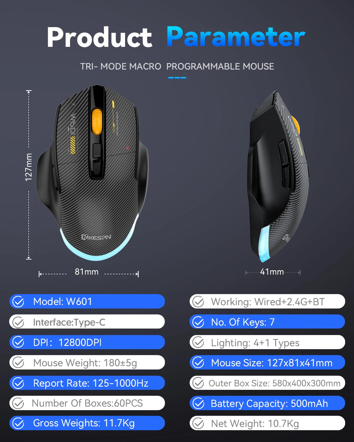 12800DPI 2.4G Wireless Bluetooth Wired Tri-mode Mouse Mute Button Macro Programming Carbon Fiber Gaming Mouse 500mAh 7 Keys