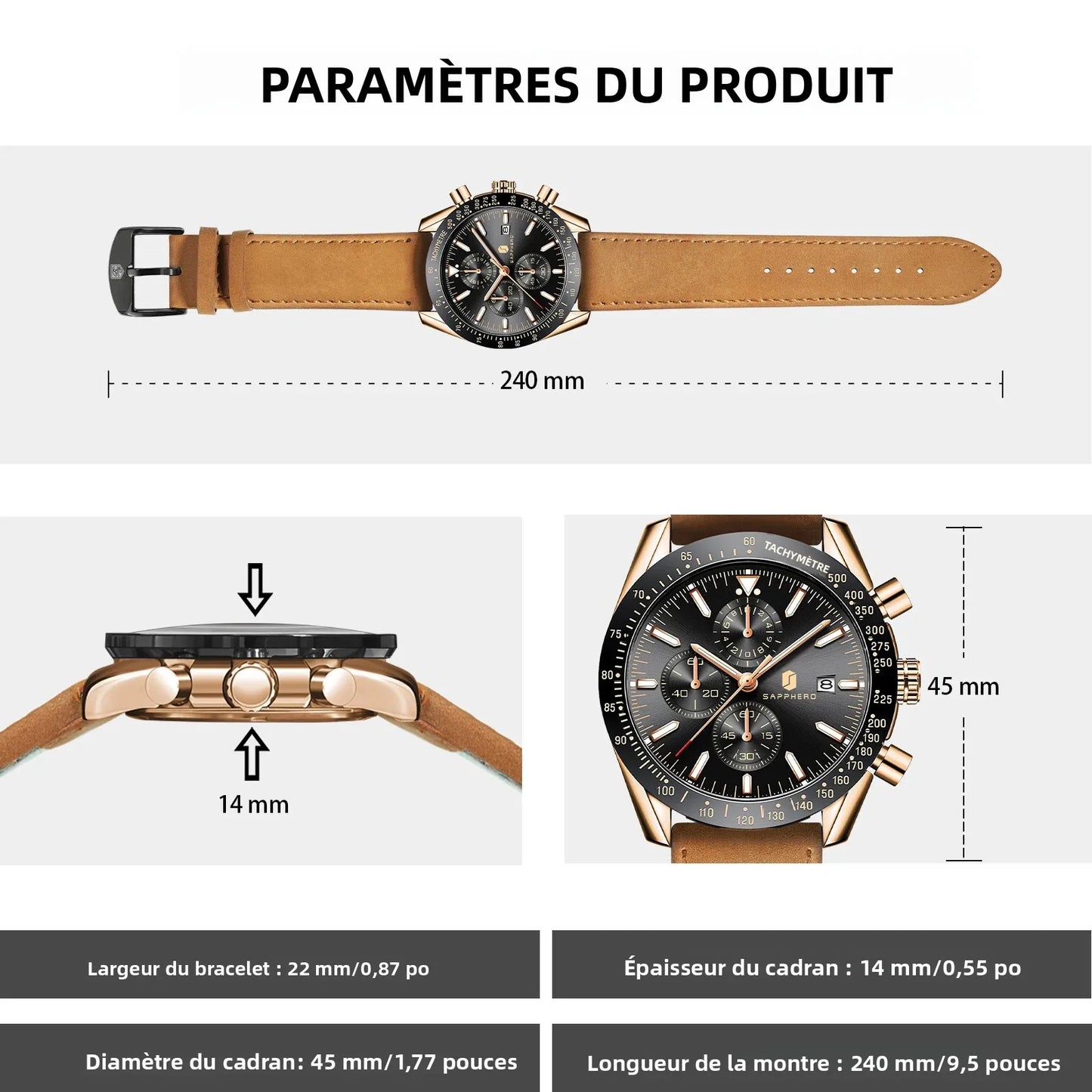 SAPPHERO Men Chronograph Watch High Precision Quartz Movement Blue Dial Date Display 50M Waterproof Luxury Sport Wristwatch Gift