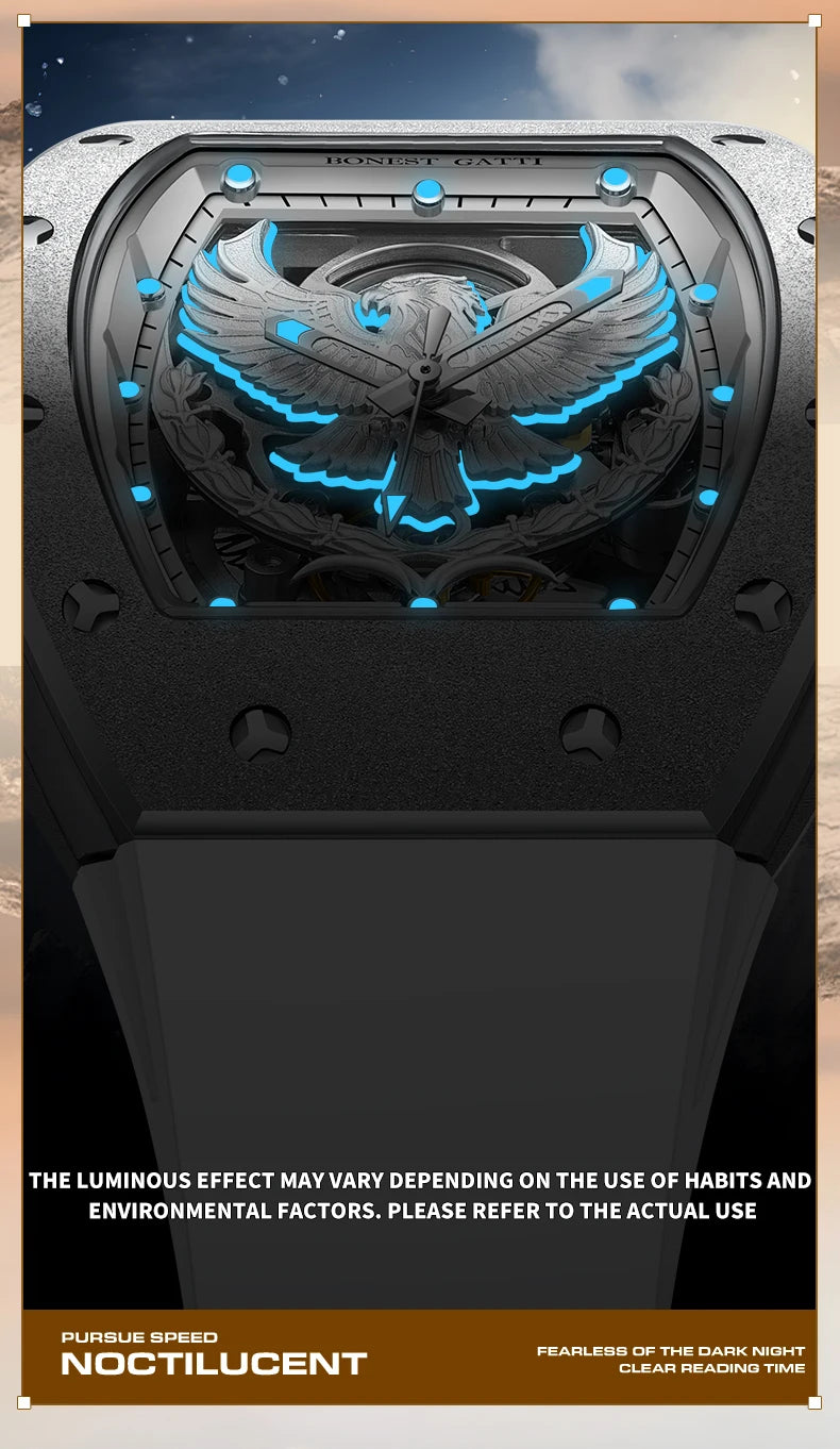 BONEST GATTI Luxury Men's Hollow Automatic Mechanical Watches Tonneau Sapphire Crystal Luminous Hollow Eagle Dial Rubber Straps