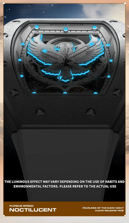 BONEST GATTI Luxury Men's Hollow Automatic Mechanical Watches Tonneau Sapphire Crystal Luminous Hollow Eagle Dial Rubber Straps