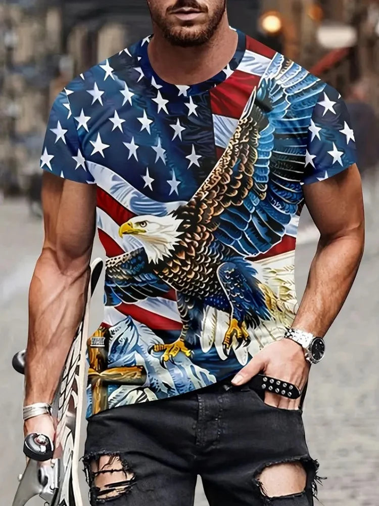 Patriotisches Herren-T-Shirt mit 3D-Adlerprint, lässiger Rundhalsausschnitt, kurzärmeliger Pullover für Sommermode und Outdoor-Aktivitäten, Herrenbekleidung