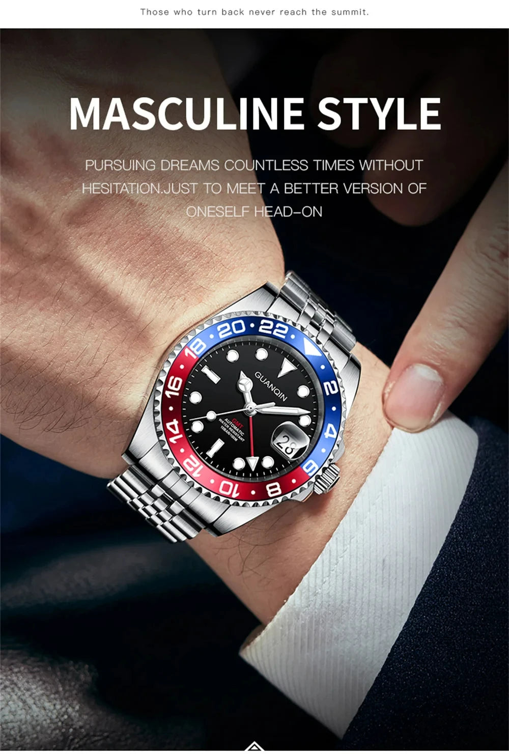 GUANQIN GMT Men's Watches 2025 New Atuomatic Watch Men NH34 Mechanical Wristwatch Sapphire Glass Stainless Steel Clock Left Hand