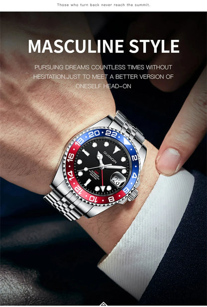 GUANQIN GMT Men's Watches 2025 New Atuomatic Watch Men NH34 Mechanical Wristwatch Sapphire Glass Stainless Steel Clock Left Hand