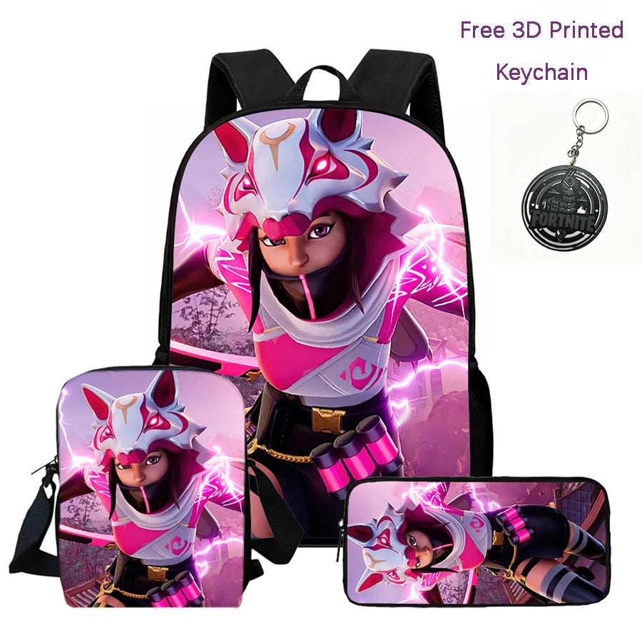 3-teiliges Kinder-Rucksack-Set, Umhängetasche & Federmäppchen, FORTNITE-Cartoon-Tasche, leicht, für Jungen und Mädchen von 6-10, kostenloser 3D-gedruckter Schlüsselanhänger