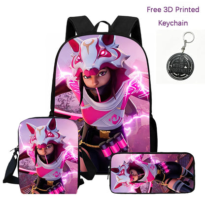 3-teiliges Kinder-Rucksack-Set, Umhängetasche & Federmäppchen, FORTNITE-Cartoon-Tasche, leicht, für Jungen und Mädchen von 6-10, kostenloser 3D-gedruckter Schlüsselanhänger
