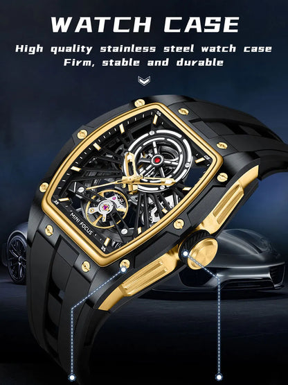 MINI FOCUS Herren-Armbanduhr, modisch, schwarz, wasserdicht, automatische mechanische Uhr mit Leuchtzeigern, Silikonarmband und Tonneau-Zifferblatt