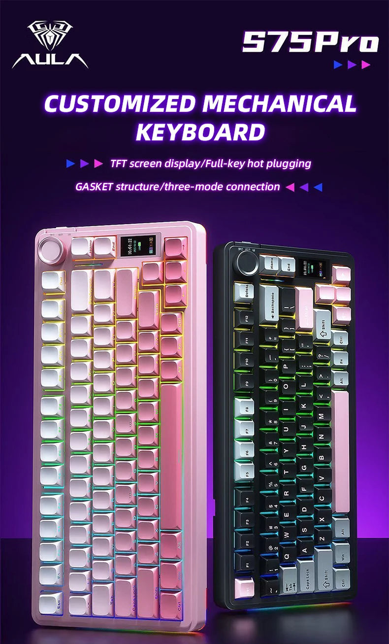 AULA S75 PRO Wireless Mechanical Keyboard with Screen Knob 75% Hot Swappable Gaming Keyboard with Pre-lubed Switches RGB Backlit