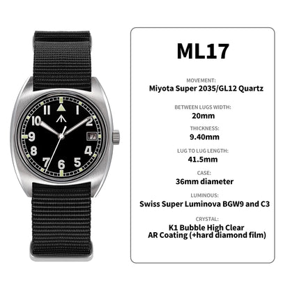 Orologio Militado ML17 Miyota Super 2035/ GL12 con movimento al quarzo, Luminova C3 e BGW9, impermeabile 100m, in acciaio inox
