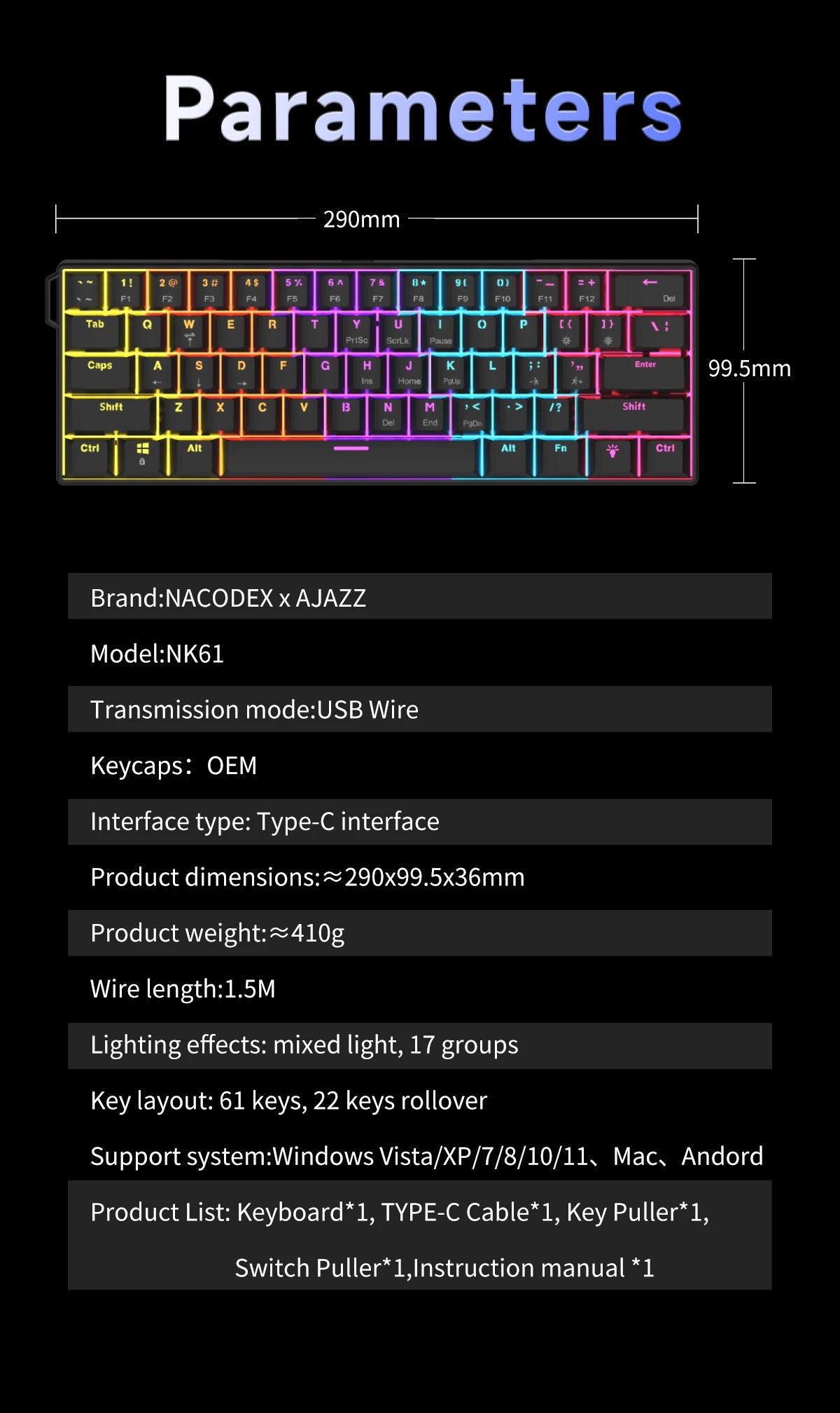 AJAZZ NK61 61-Key Red Switch Wired Mechanical Keyboard with Hot-Swappable Keys and RGB Lighting, Suitable for PC and Mac