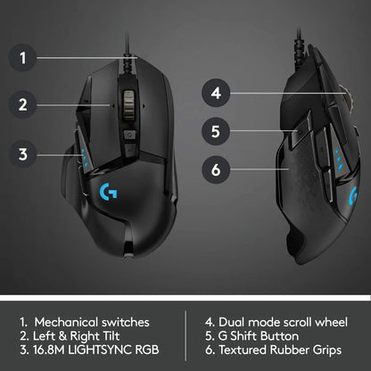 Ratón gaming con cable Logitech G502 HERO de alto rendimiento, sensor HERO 25K, 25,600 DPI, RGB, pesos ajustables, 11 botones, ratón para PC/Mac