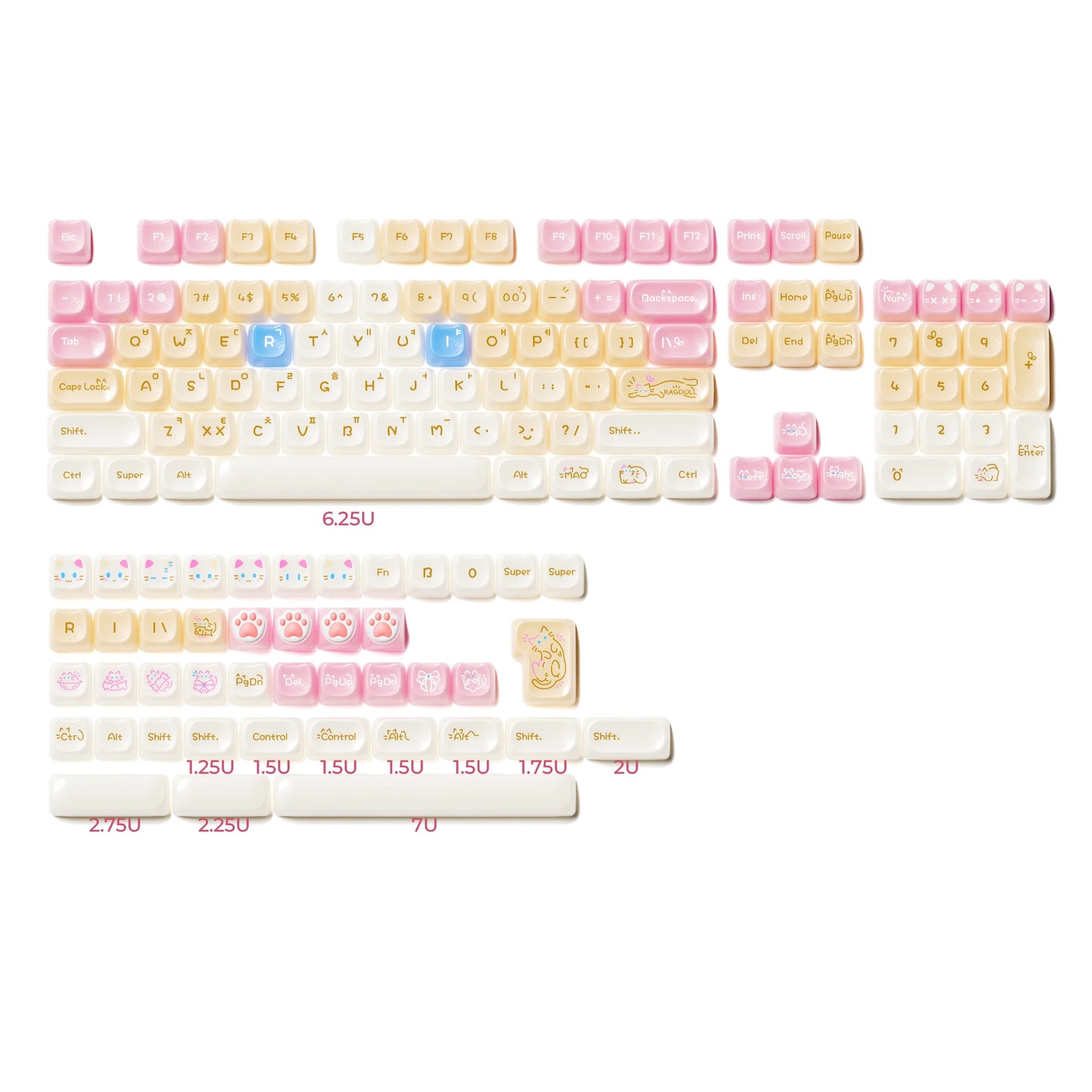 Keycaps XVX 148 Teclas Tema Gato Perfil MAO Keycap Coreana Brilhante e Fofa para Teclado 61 64 68 78 87 96 98 104 108