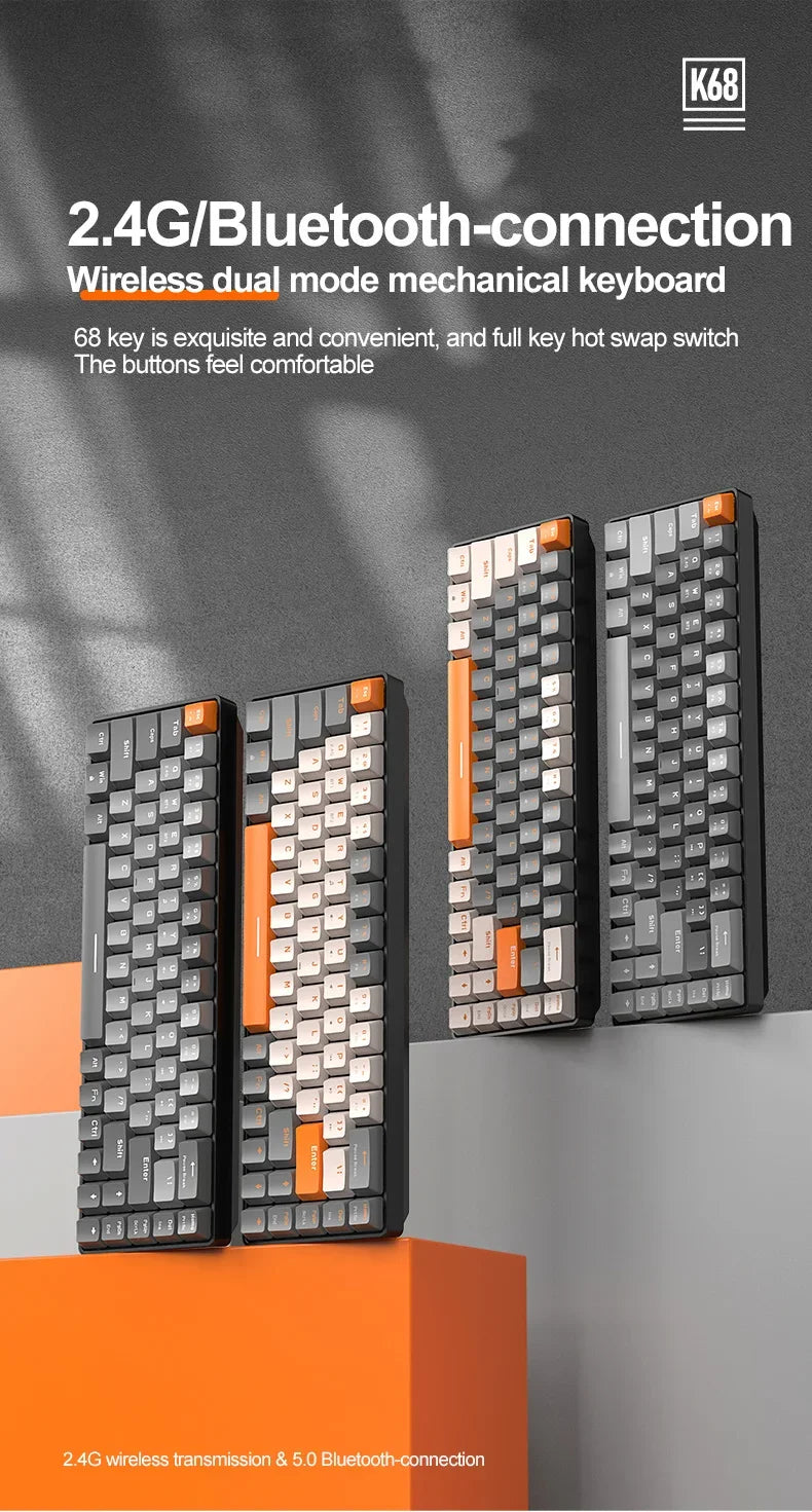 K68 2.4G/BT5.0 Wireless Gaming Mechanical Keyboard 68 Keys Hotswap Mini Gaming Mechanical Keyboard PBT Keycaps 65% Keyboards