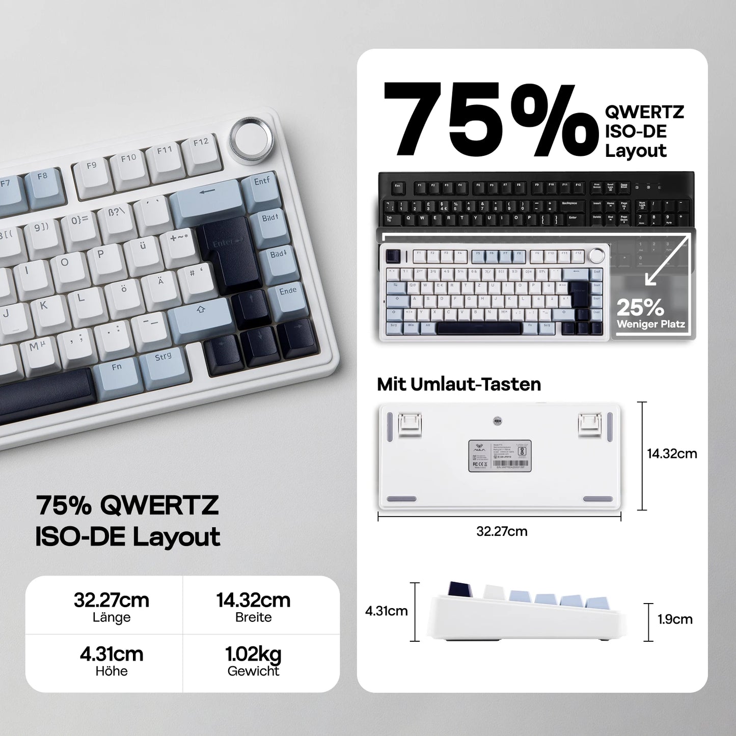 Teclado mecânico sem fios EPOMAKER x AULA F75 ISO-DE com conectividade tri-modo, layout alemão QWERTZ e bateria de 4000 mAh