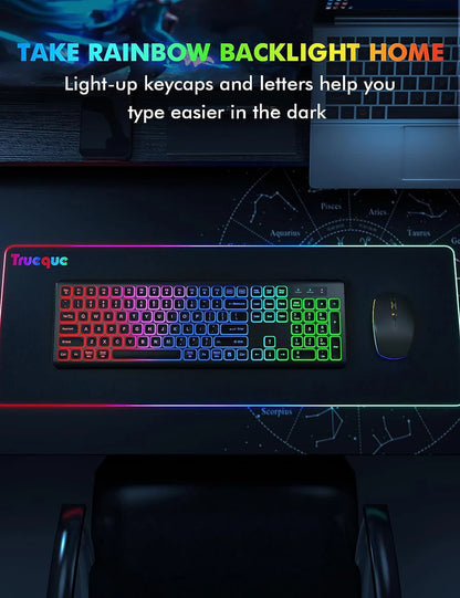 Combo de teclado y ratón inalámbricos con retroiluminación RGB, letras iluminadas recargables, tamaño completo, ergonómico, modo de suspensión, 2.4GHz