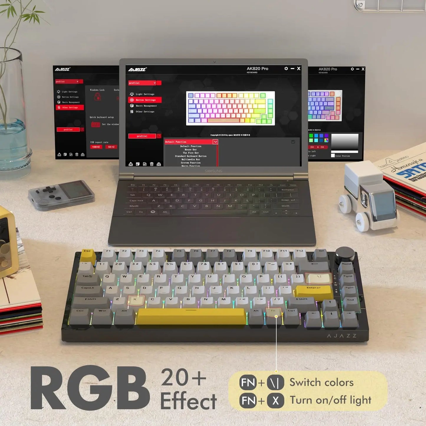 Teclado Mecânico com Fio AJAZZ AK820 75%: Hot-Swappable, Retroiluminação RGB/Branca/Azul-Gelo, Controlo por Botão de Volume | Para Escritório e Gaming