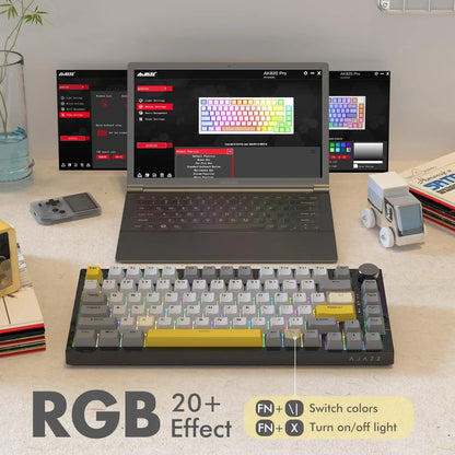 Teclado Mecânico com Fio AJAZZ AK820 75%: Hot-Swappable, Retroiluminação RGB/Branca/Azul-Gelo, Controlo por Botão de Volume | Para Escritório e Gaming
