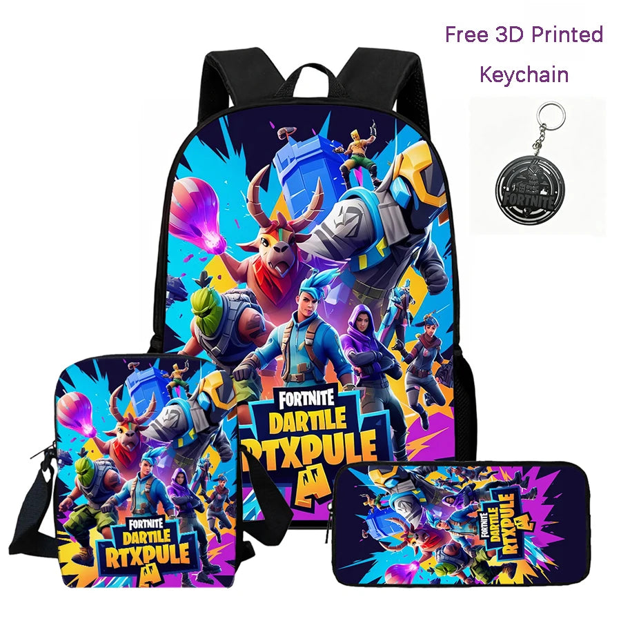 3-teiliges Kinder-Rucksack-Set, Umhängetasche & Federmäppchen, FORTNITE-Cartoon-Tasche, leicht, für Jungen und Mädchen von 6-10, kostenloser 3D-gedruckter Schlüsselanhänger