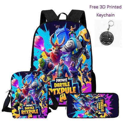 3-teiliges Kinder-Rucksack-Set, Umhängetasche & Federmäppchen, FORTNITE-Cartoon-Tasche, leicht, für Jungen und Mädchen von 6-10, kostenloser 3D-gedruckter Schlüsselanhänger