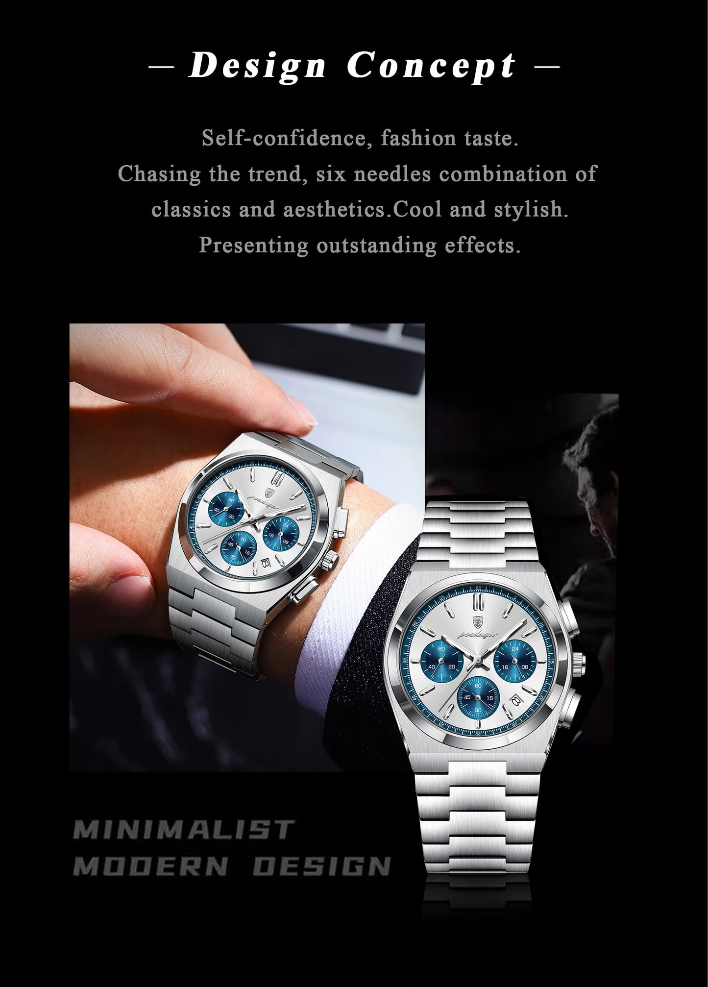 POEDAGAR Fashion Men's Wristwatch Chronograph Date Stainless Steel Quartz Man Clock Waterproof Luminous Business Watches For Men