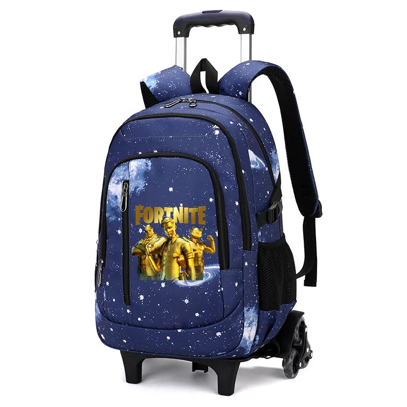 Mochila trolley 2 en 1 Fortnite con estampado de cielo estrellado, gran capacidad, impermeable, compartimento para portátil, diseño para subir escaleras, mochila escolar para estudiantes
