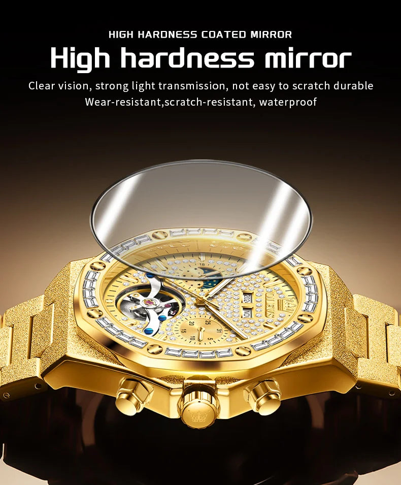 OLEVS Gold Steel Mens Watches Top Brand Automatic Mechanical Luxury Watch Sport Waterproof Tourbillon Wrist Watch Reloj Hombre