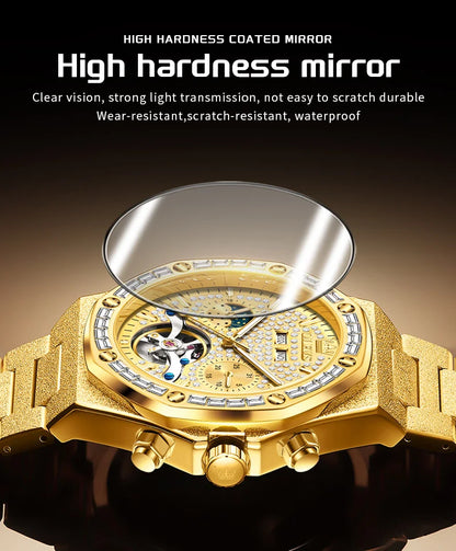 OLEVS Gold Steel Mens Watches Top Brand Automatic Mechanical Luxury Watch Sport Waterproof Tourbillon Wrist Watch Reloj Hombre