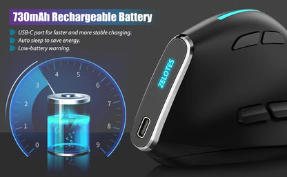 Lefon F26C Vertical Mouse, Wireless with OLED Screen, Bluetooth Ergonomic Mouse, Optical Rechargeable Gaming Mice for PC Laptop