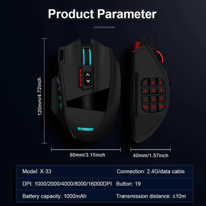 E-YOOSO RGB USB 2.4G laidinė žaidimų pelė X-33, 16000DPI, 18 programuojamų mygtukų, foninis apšvietimas, tinkama staliniam kompiuteriui, nešiojamajam kompiuteriui ir PC