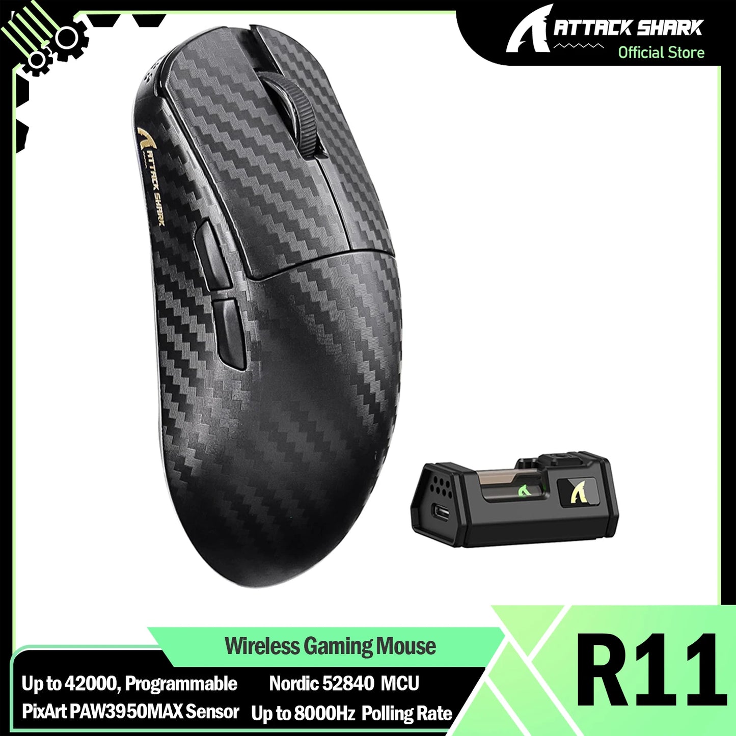 Ratón gaming inalámbrico ATTACK SHARK R11 ULTRA de fibra de carbono 49g 8000Hz, 42000 DPI, 20000 FPS, PAW3950MAX, chip Nordic 52840