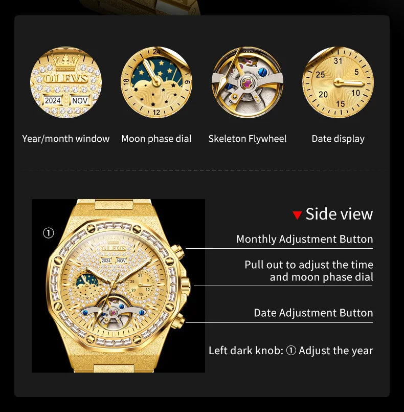 OLEVS Gold Steel Mens Watches Top Brand Automatic Mechanical Luxury Watch Sport Waterproof Tourbillon Wrist Watch Reloj Hombre