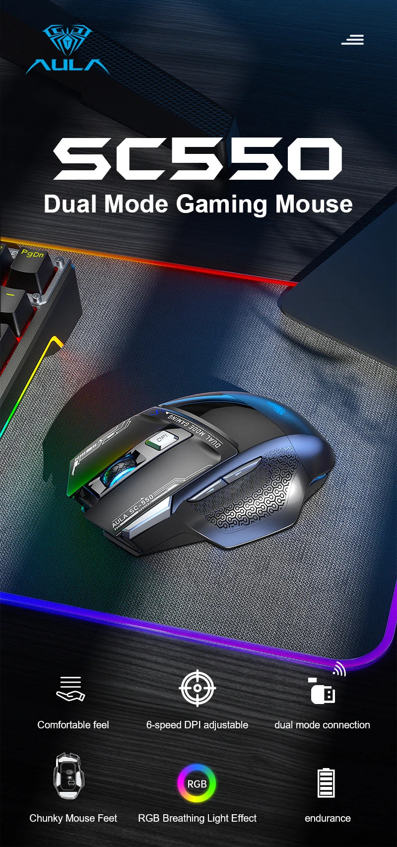 AULA SC550 Gaming-Maus 2.4G kabellose Makro-Maus RGB-Hintergrundbeleuchtung ergonomisches Design E-Sports-Maus PC-Zubehör