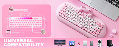 YUNZII C68 Pink 65% Hi-Fi Cute Cat Silicone Hot Swap NKRO Ergonomic Wireless BT5.0/2.4G/Wired RGB Mechanical Gaming Keyboard