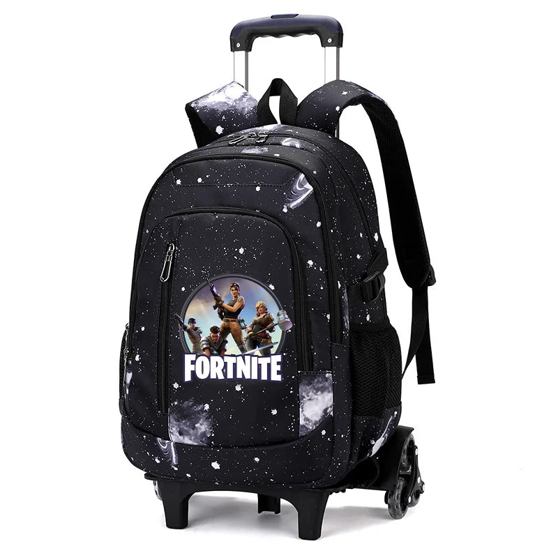 Mochila trolley 2 en 1 Fortnite con estampado de cielo estrellado, gran capacidad, impermeable, compartimento para portátil, diseño para subir escaleras, mochila escolar para estudiantes