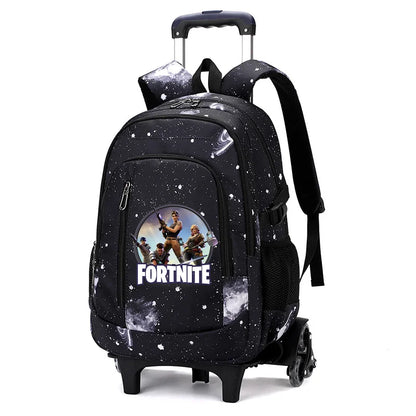 Mochila trolley 2 en 1 Fortnite con estampado de cielo estrellado, gran capacidad, impermeable, compartimento para portátil, diseño para subir escaleras, mochila escolar para estudiantes