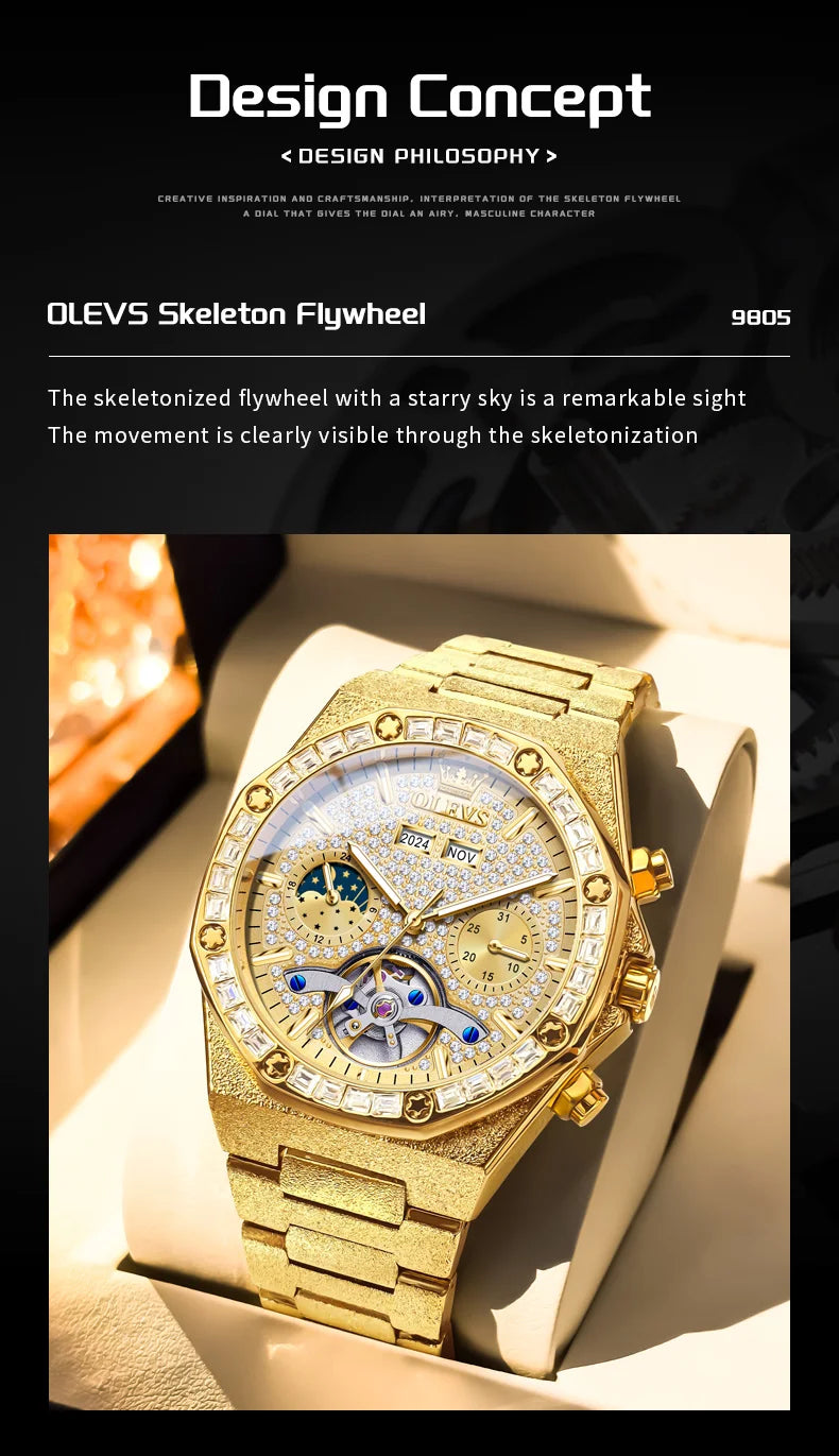 OLEVS Gold Steel Mens Watches Top Brand Automatic Mechanical Luxury Watch Sport Waterproof Tourbillon Wrist Watch Reloj Hombre