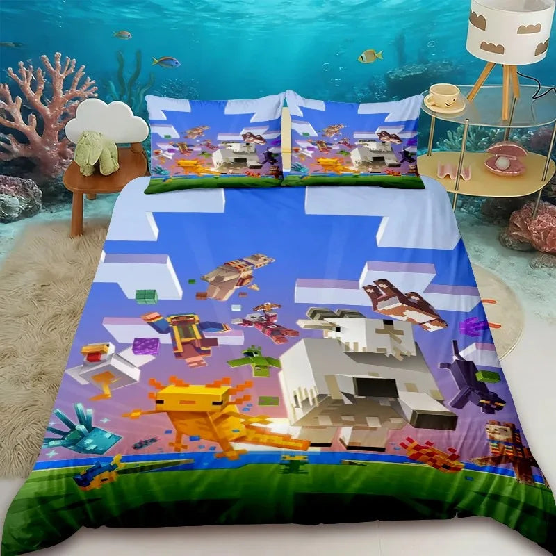 Cartoon Children Duvet Cover Minecraft Cartoon Quilt Cover Bedding Set Queen King Full Size with 1/2 Pillowcase Bedroom